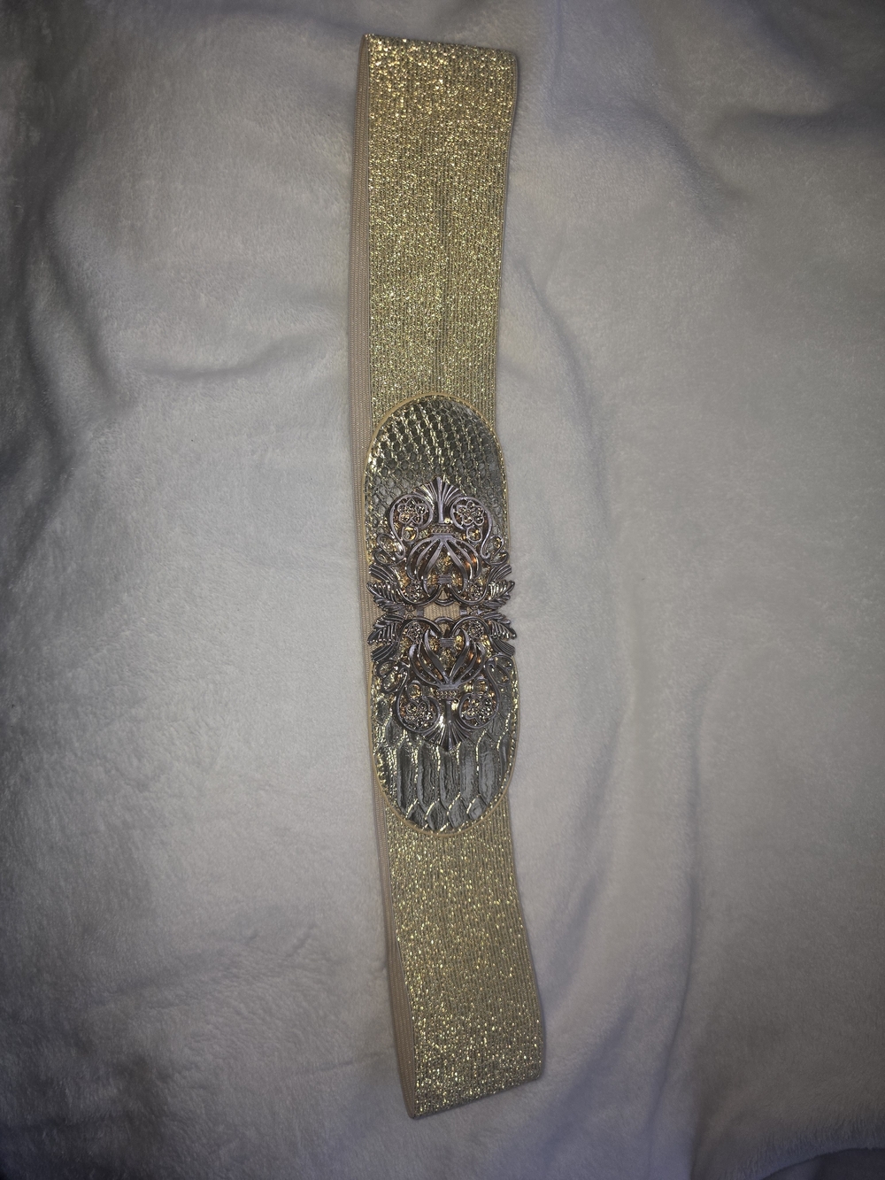 Gold Elastic Decorative Belt with Ornate Medallion